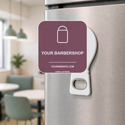 Barbershop Logo Bottle Opener Magnets — lifestyle product mockup