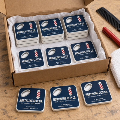 Barbershop Logo custom logo bottle opener magnet - bulk order laid out before packing