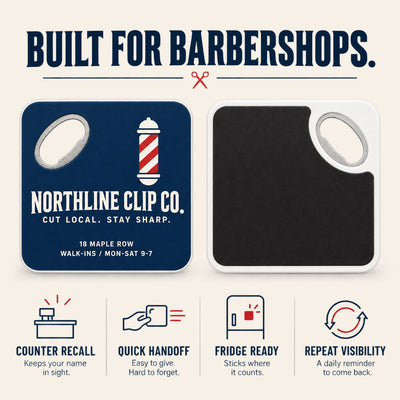 Barbershop Logo custom logo bottle opener magnet - front and back of the opener magnet