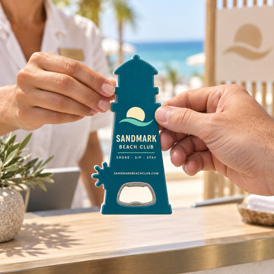 Beach Club custom logo bottle opener magnet - handed to a customer