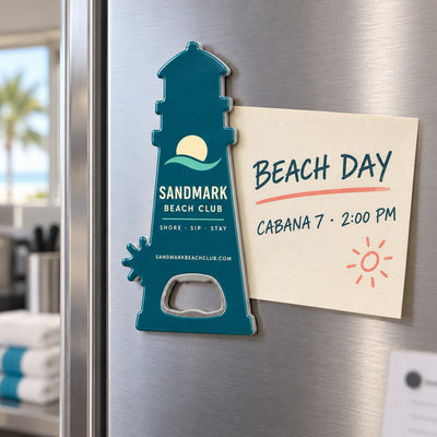 Beach Club custom logo bottle opener magnet - held on a refrigerator door by its magnetic back