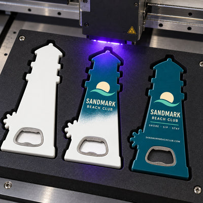 Beach Club custom logo bottle opener magnet - close-up of the UV printed logo