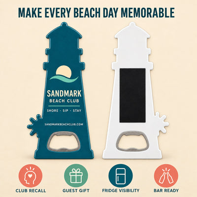 Beach Club custom logo bottle opener magnet - front and back of the opener magnet