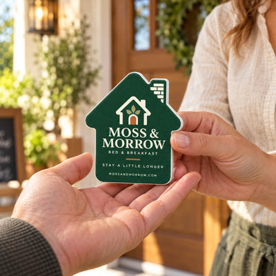 Bed and Breakfast custom logo bottle opener magnet - handed to a customer