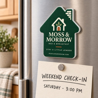 Bed and Breakfast custom logo bottle opener magnet - held on a refrigerator door by its magnetic back