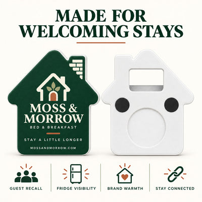 Bed and Breakfast custom logo bottle opener magnet - front and back of the opener magnet