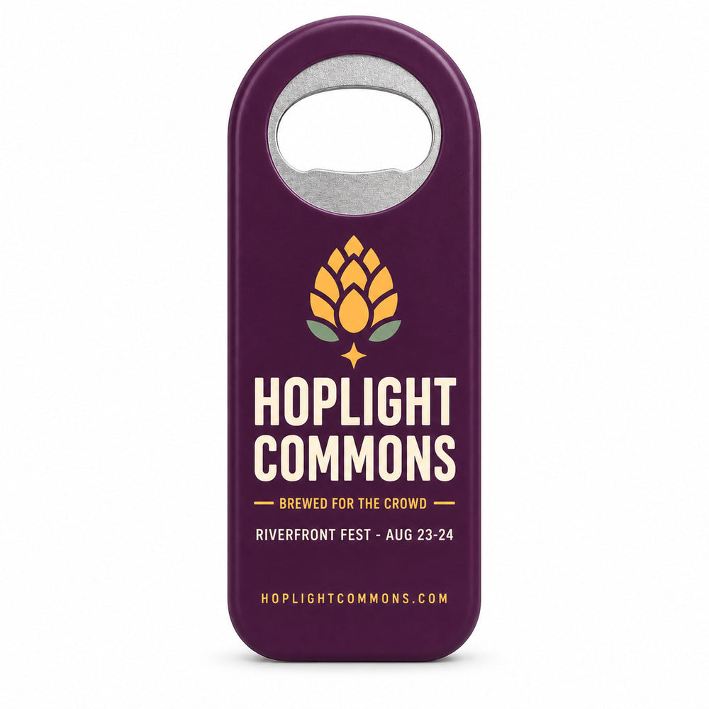 Beer Festival custom logo bottle opener magnet - front view of the printed promotional magnet