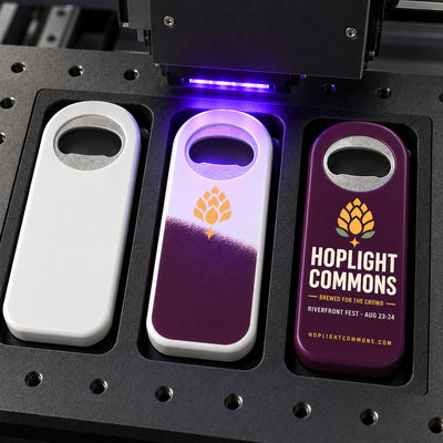 Beer Festival custom logo bottle opener magnet - close-up of the UV printed logo