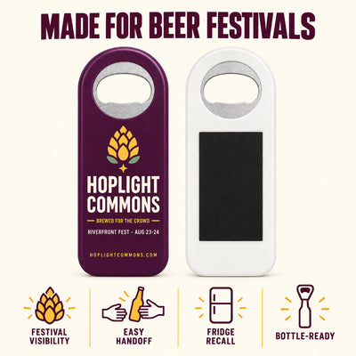 Beer Festival custom logo bottle opener magnet - front and back of the opener magnet