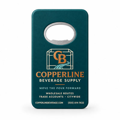 Beverage Distributor custom logo bottle opener magnet - front view of the printed promotional magnet