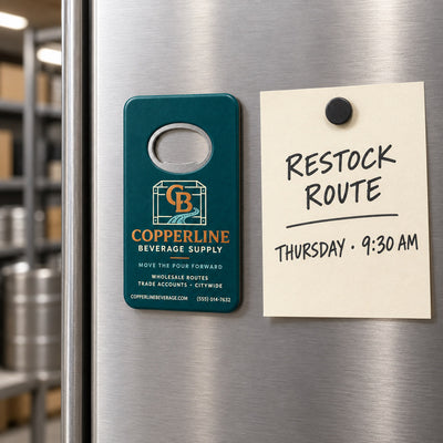 Beverage Distributor custom logo bottle opener magnet - held on a refrigerator door by its magnetic back