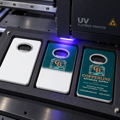 Beverage Distributor custom logo bottle opener magnet - close-up of the UV printed logo