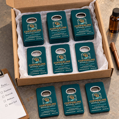Beverage Distributor custom logo bottle opener magnet - bulk order laid out before packing