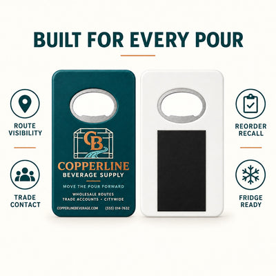 Beverage Distributor custom logo bottle opener magnet - front and back of the opener magnet