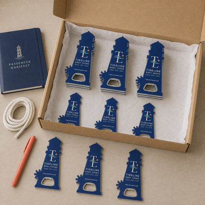 Boat Tour custom logo bottle opener magnet - bulk order laid out before packing