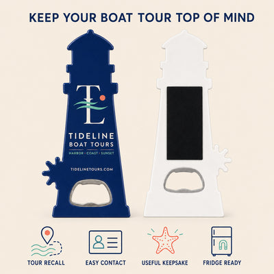 Boat Tour custom logo bottle opener magnet - front and back of the opener magnet