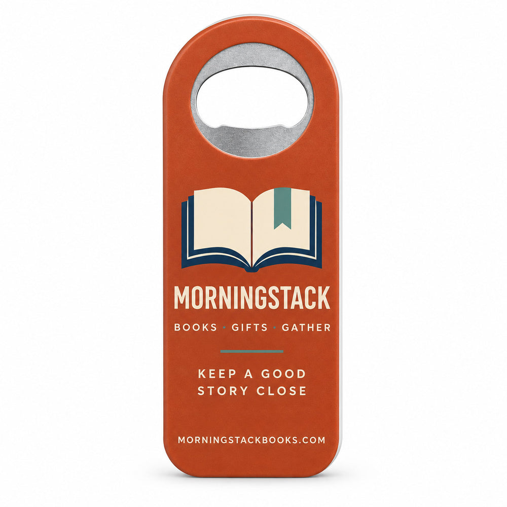 Bookstore custom logo bottle opener magnet - front view of the printed promotional magnet