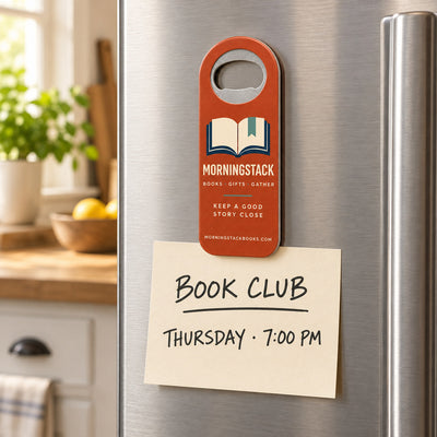 Bookstore custom logo bottle opener magnet - held on a refrigerator door by its magnetic back
