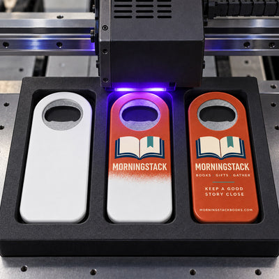 Bookstore custom logo bottle opener magnet - close-up of the UV printed logo