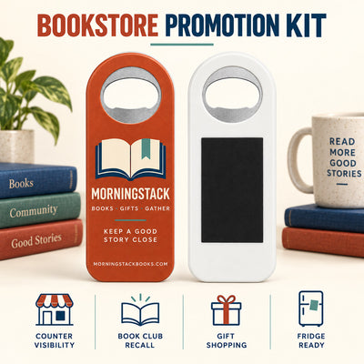 Bookstore custom logo bottle opener magnet - front and back of the opener magnet