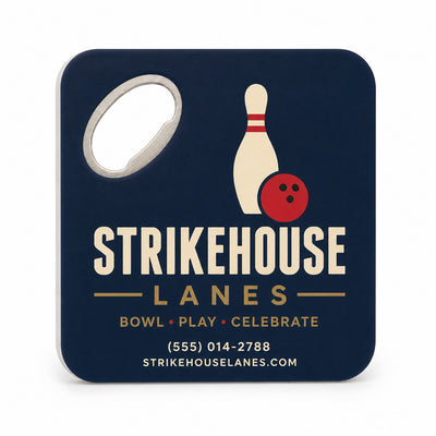 Bowling Alley custom logo bottle opener magnet - front view of the printed promotional magnet