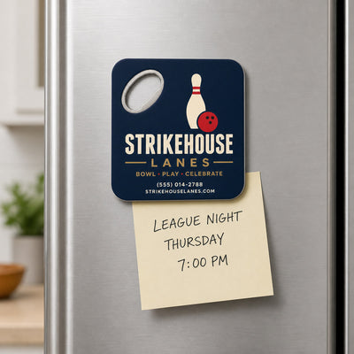 Bowling Alley custom logo bottle opener magnet - held on a refrigerator door by its magnetic back