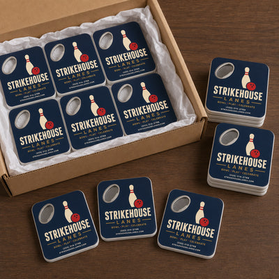 Bowling Alley custom logo bottle opener magnet - bulk order laid out before packing