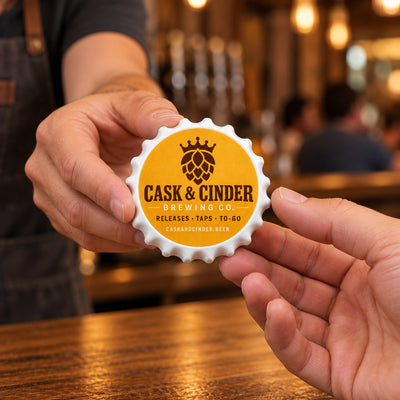 Branded Brewery custom logo bottle opener magnet - handed to a customer