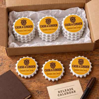 Branded Brewery custom logo bottle opener magnet - bulk order laid out before packing
