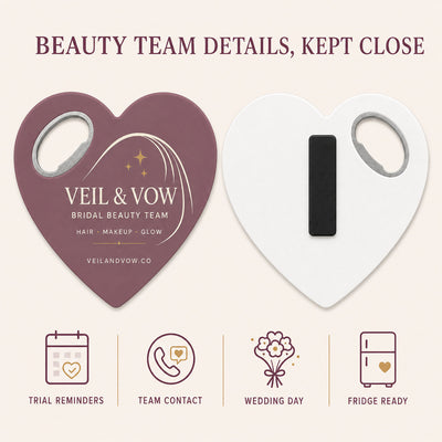 Bridal Beauty Team custom logo bottle opener magnet - front and back of the opener magnet