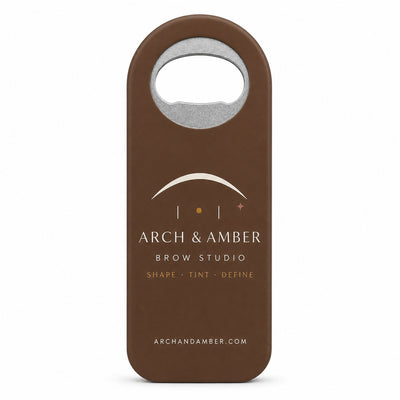 Brow Studio custom logo bottle opener magnet - front view of the printed promotional magnet