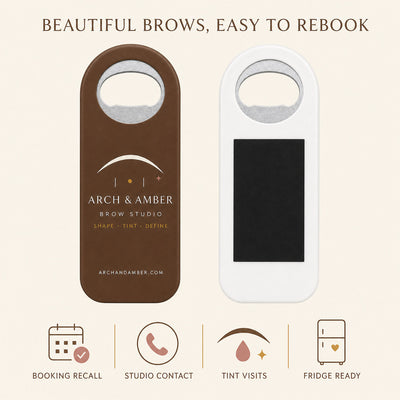 Brow Studio custom logo bottle opener magnet - front and back of the opener magnet