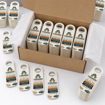 Building Supplier custom logo bottle opener magnet - bulk order laid out before packing