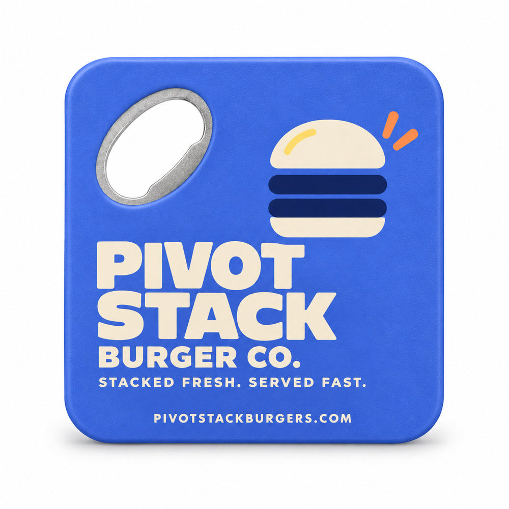 Burger Shop custom logo bottle opener magnet - front view of the printed promotional magnet