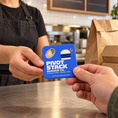 Burger Shop custom logo bottle opener magnet - handed to a customer