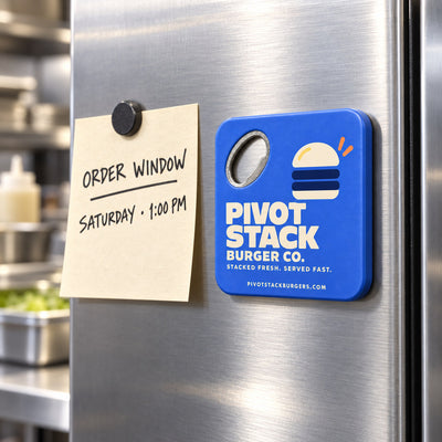 Burger Shop custom logo bottle opener magnet - held on a refrigerator door by its magnetic back