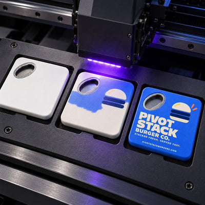 Burger Shop custom logo bottle opener magnet - close-up of the UV printed logo