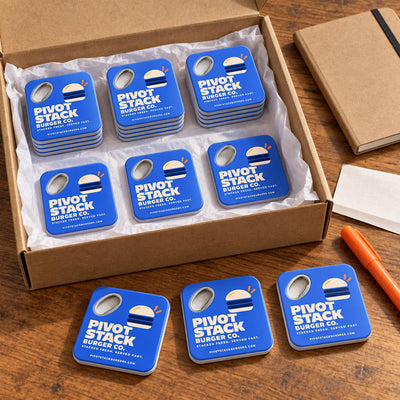 Burger Shop custom logo bottle opener magnet - bulk order laid out before packing