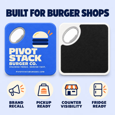 Burger Shop custom logo bottle opener magnet - front and back of the opener magnet