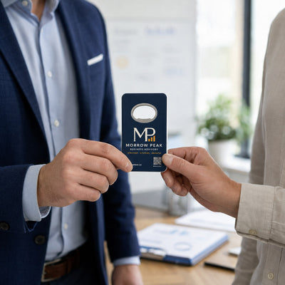 Business Consultant custom logo bottle opener magnet - handed to a customer