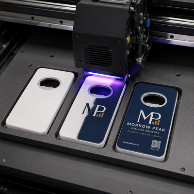 Business Consultant custom logo bottle opener magnet - close-up of the UV printed logo