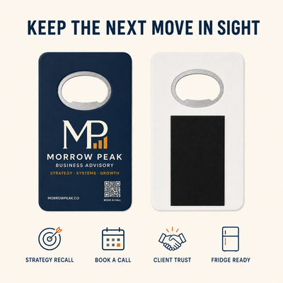 Business Consultant custom logo bottle opener magnet - front and back of the opener magnet
