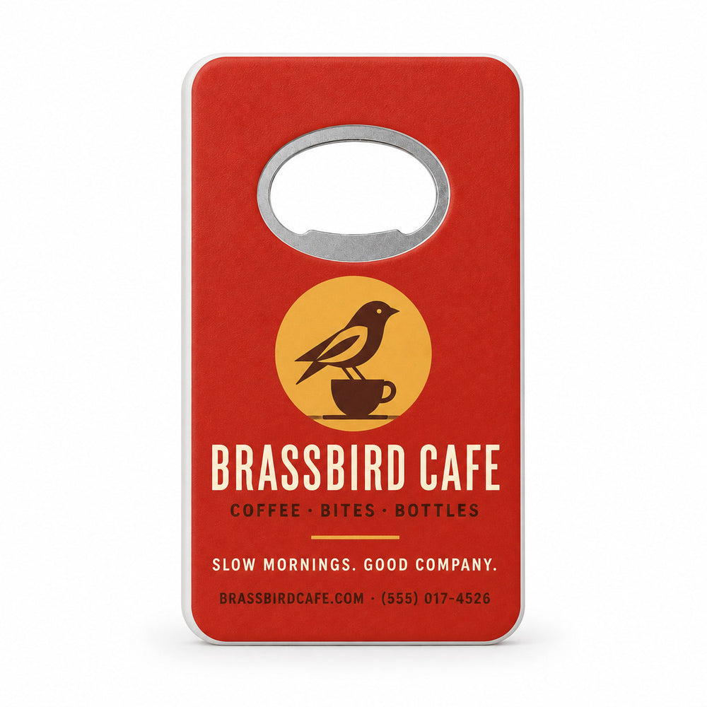 Cafe Logo custom logo bottle opener magnet - front view of the printed promotional magnet