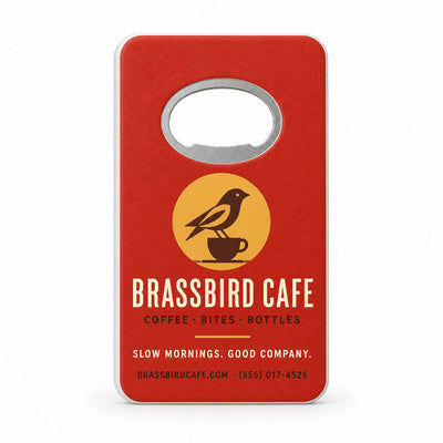 Cafe Logo custom logo bottle opener magnet - front view of the printed promotional magnet