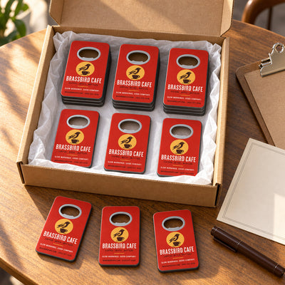 Cafe Logo custom logo bottle opener magnet - bulk order laid out before packing
