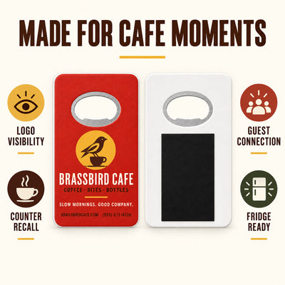 Cafe Logo custom logo bottle opener magnet - front and back of the opener magnet