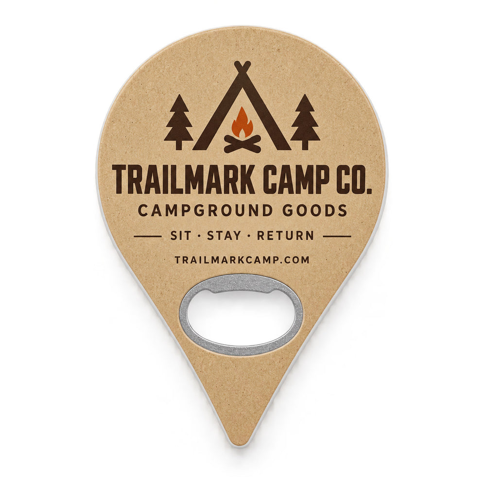 Campground Souvenir custom logo bottle opener magnet - front view of the printed promotional magnet