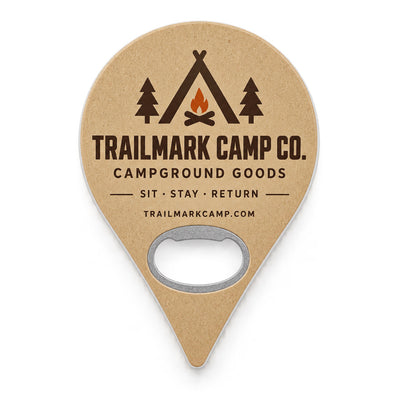 Campground Souvenir custom logo bottle opener magnet - front view of the printed promotional magnet