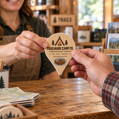Campground Souvenir custom logo bottle opener magnet - handed to a customer