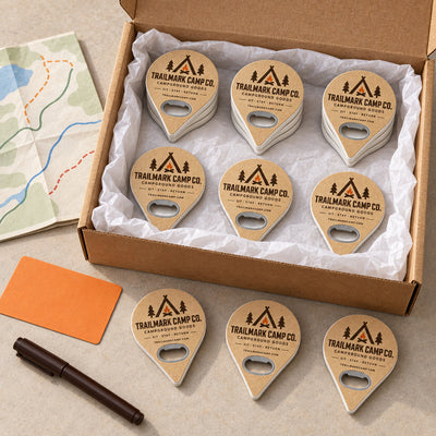 Campground Souvenir custom logo bottle opener magnet - bulk order laid out before packing